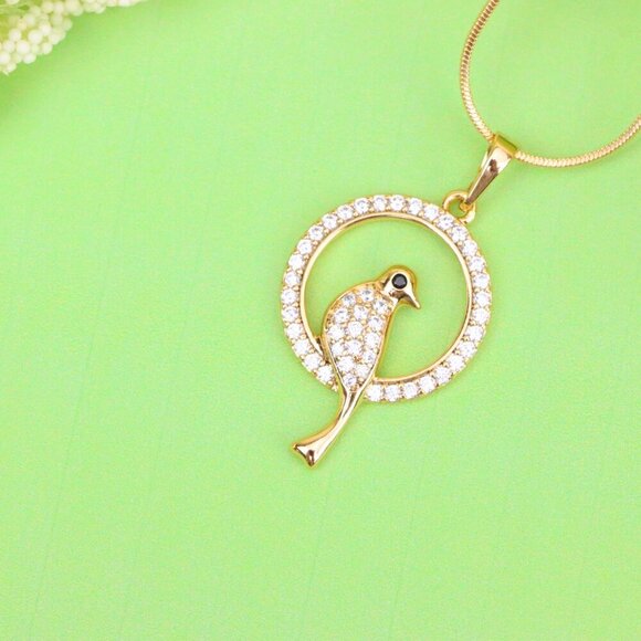 "Rose Gold Bird Pendant with Sparkling Crystals in Circular Frame, XPPT1525 - Picture 2 of 13